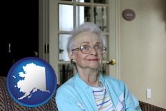 ak map icon and a senior woman in an assisted living facility