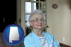 alabama map icon and a senior woman in an assisted living facility