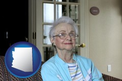 az map icon and a senior woman in an assisted living facility