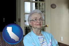 california map icon and a senior woman in an assisted living facility