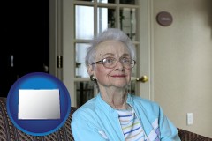 colorado map icon and a senior woman in an assisted living facility