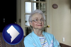 washington-dc map icon and a senior woman in an assisted living facility