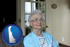de map icon and a senior woman in an assisted living facility