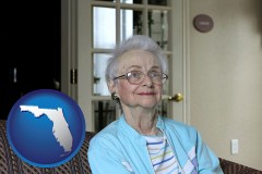 florida map icon and a senior woman in an assisted living facility