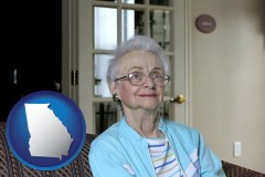 georgia map icon and a senior woman in an assisted living facility
