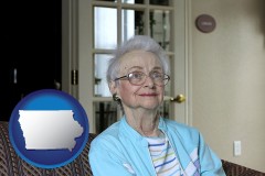 iowa map icon and a senior woman in an assisted living facility