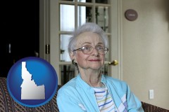 idaho map icon and a senior woman in an assisted living facility