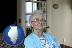 illinois map icon and a senior woman in an assisted living facility