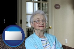 kansas map icon and a senior woman in an assisted living facility