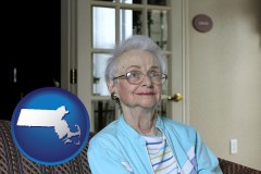 massachusetts map icon and a senior woman in an assisted living facility