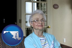maryland map icon and a senior woman in an assisted living facility