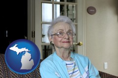 michigan map icon and a senior woman in an assisted living facility