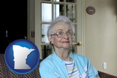 minnesota map icon and a senior woman in an assisted living facility