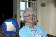 missouri map icon and a senior woman in an assisted living facility