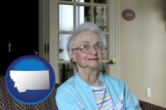 mt map icon and a senior woman in an assisted living facility