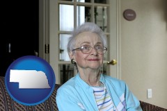 nebraska map icon and a senior woman in an assisted living facility