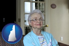 new-hampshire map icon and a senior woman in an assisted living facility