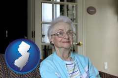 new-jersey map icon and a senior woman in an assisted living facility