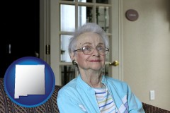 nm map icon and a senior woman in an assisted living facility