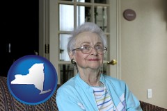 new-york map icon and a senior woman in an assisted living facility