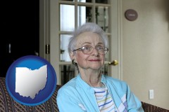 ohio map icon and a senior woman in an assisted living facility