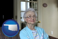 oklahoma map icon and a senior woman in an assisted living facility