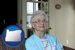 oregon map icon and a senior woman in an assisted living facility
