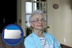 pennsylvania map icon and a senior woman in an assisted living facility