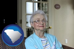 south-carolina map icon and a senior woman in an assisted living facility