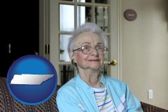 tennessee map icon and a senior woman in an assisted living facility