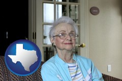 texas map icon and a senior woman in an assisted living facility
