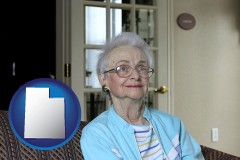 ut map icon and a senior woman in an assisted living facility
