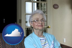va map icon and a senior woman in an assisted living facility