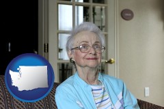 washington map icon and a senior woman in an assisted living facility