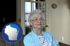 wisconsin map icon and a senior woman in an assisted living facility