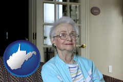 west-virginia map icon and a senior woman in an assisted living facility