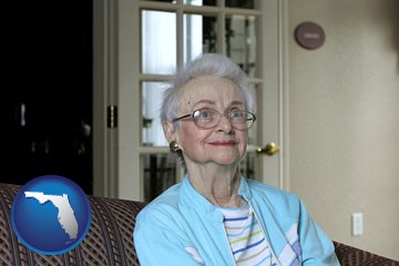 a senior woman in an assisted living facility - with Florida icon
