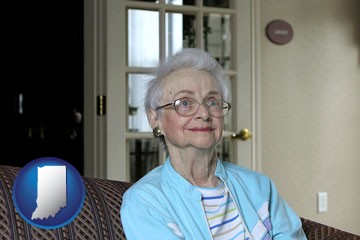 a senior woman in an assisted living facility - with Indiana icon