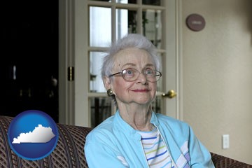 a senior woman in an assisted living facility - with Kentucky icon