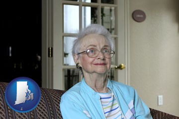 a senior woman in an assisted living facility - with Rhode Island icon