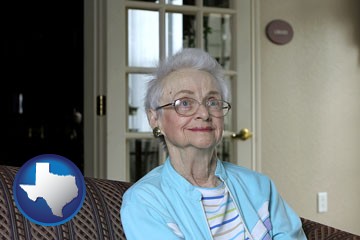 a senior woman in an assisted living facility - with Texas icon