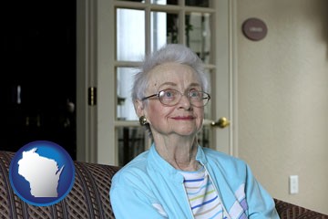 a senior woman in an assisted living facility - with Wisconsin icon